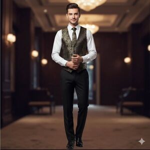 Men's DiBanGu Black and Gold Vest Suit